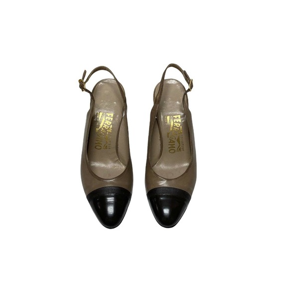 Salvatore Ferragamo Shoes - Vintage Salvatore Ferragamo Slingback Heels Size 7 Beige Black